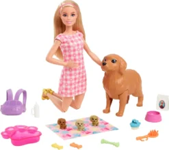 Barbie Puppe (blond) Mit Hund & Welpen, Set Inkl. Zubehör
