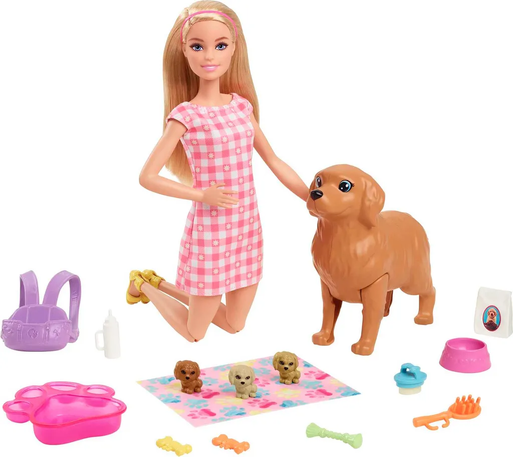 Barbie Puppe (blond) Mit Hund & Welpen, Set Inkl. Zubehör