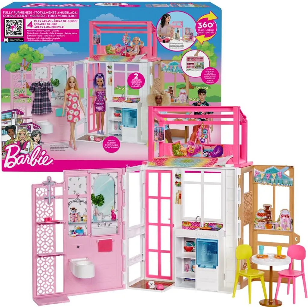 Mattel HCD47 - Barbie - 2-stöckiges Möbliertes Spielhaus Mit Zubehör (ohne Puppen) – Bild 4