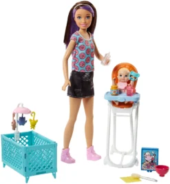 Barbie Skipper Babysitter Puppe (brünett), Spielset Mit Baby-Puppe & Hochstuhl