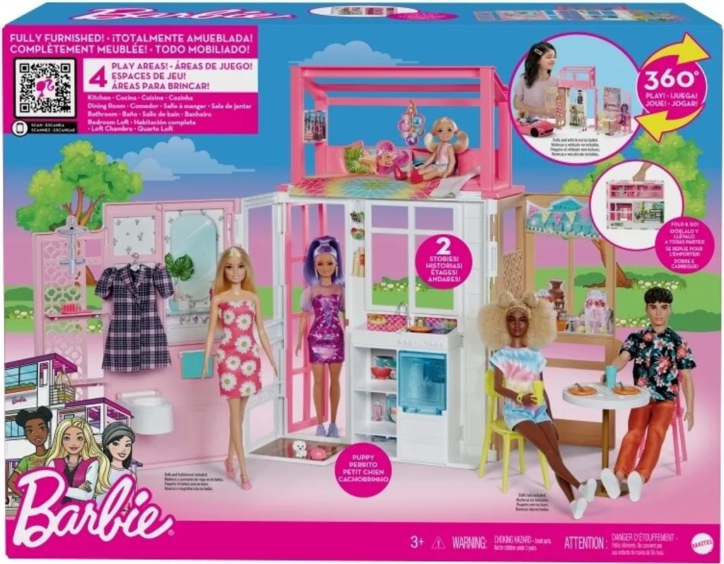 Mattel HCD47 - Barbie - 2-stöckiges Möbliertes Spielhaus Mit Zubehör (ohne Puppen)